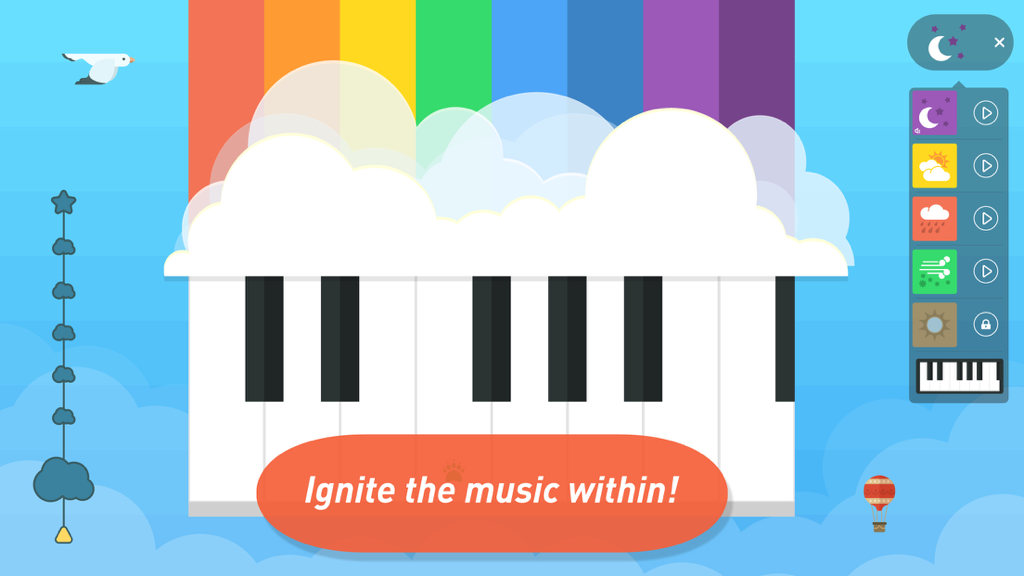 Easy Music - Give kids an ear for music - A colorful piano interface for kids featuring a rainbow and clouds with a slogan that says Ignite the music within