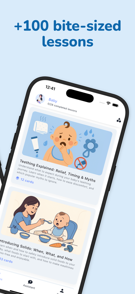 Parenting Leader: Parent Guide - Una interfaz de aplicación móvil que muestra lecciones concisas de crianza sobre dentición e introducción de alimentos sólidos