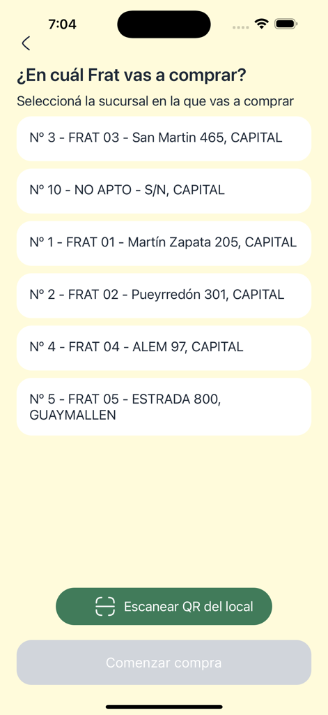 Fast Frat - Store branch selection screen in the Fast Frat app listing several locations
