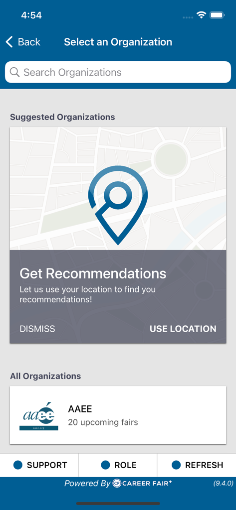 Career Fair Plus - Mobile screen of Career Fair Plus app for selecting organizations with a location based recommendation feature