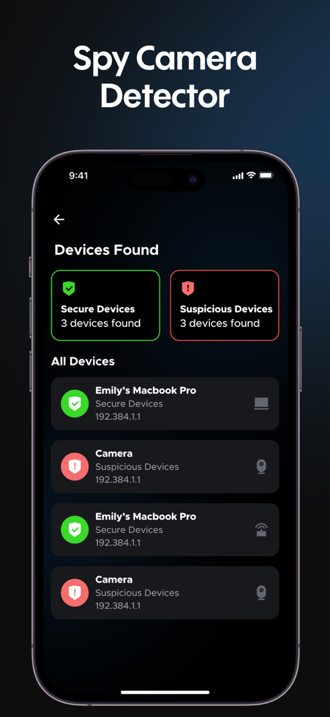 Locary - Find Family Location - Locary app interface showing a spy camera detector tool identifying secure and suspicious devices on a network