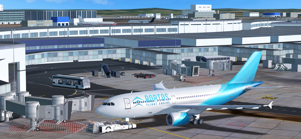 A commercial airplane with custom livery being pushed back from a gate at a detailed 3D airport terminal in RFS Real Flight Simulator.