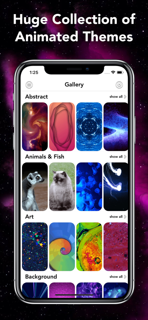 A mobile app interface displaying a gallery of animated wallpaper categories including abstract art and animals