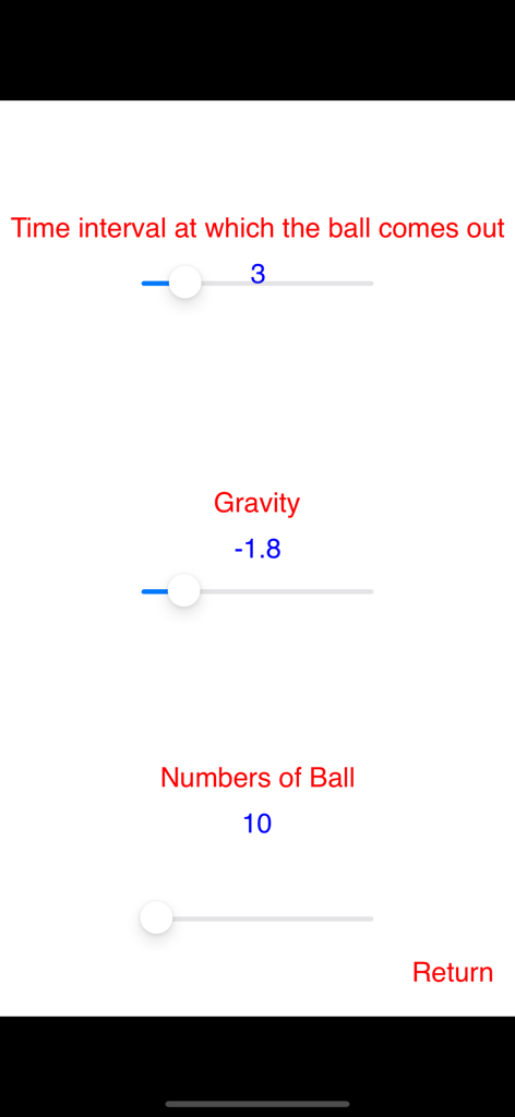 Settings screen showing sliders for time interval, gravity, and number of balls in the Auto Compose Music Box app.