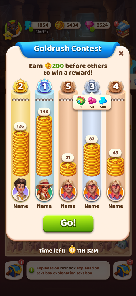Olivia's Mysteries - Goldrush Contest leaderboard in Olivia's Mysteries showing player ranks and rewards.