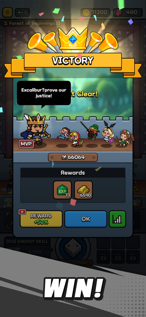 Mini Tales: GO! - Victory screen of Mini Tales GO showing chibi heroes and battle rewards