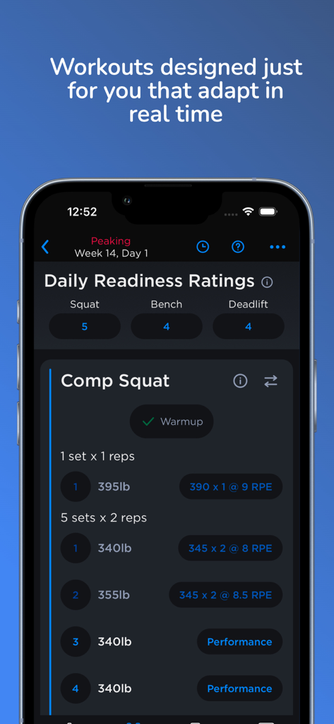 JuggernautAI mobile app interface displaying daily readiness ratings and a personalized squat training session with RPE tracking