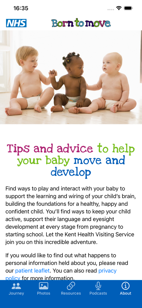 L'application Born to move montrant trois bébés et des conseils pour le développement des bébés