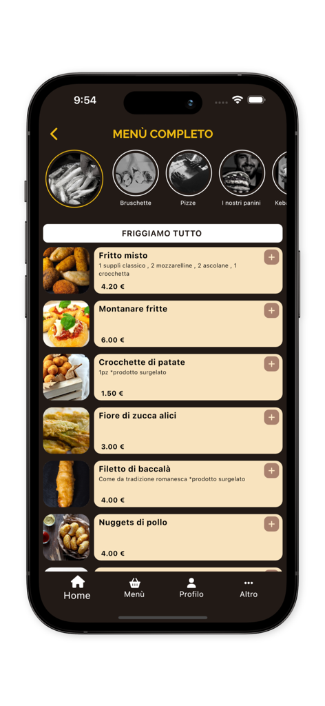 Sapore di Roma 모바일 앱 메뉴, 튀긴 이탈리아 애피타이저와 함께 이미지 및 가격을 보여줍니다.