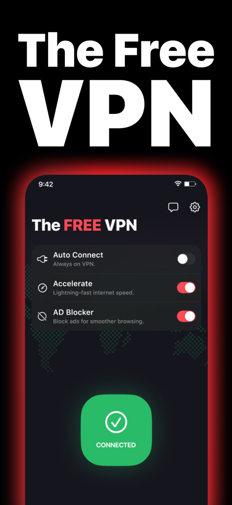 Interface of The Free VPN app showing a successful connection with accelerate and ad blocker features enabled