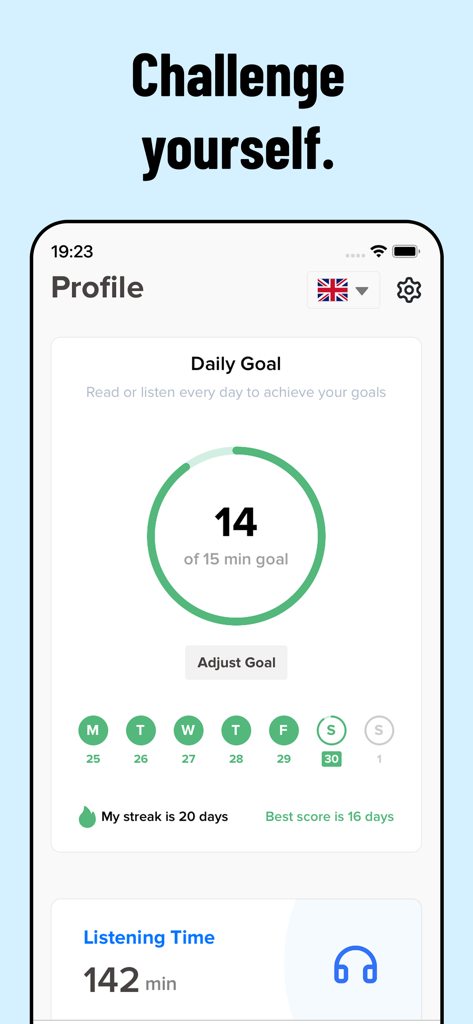 Fabula app profile screen showing a 15-minute daily reading goal progress and a 20-day habit streak