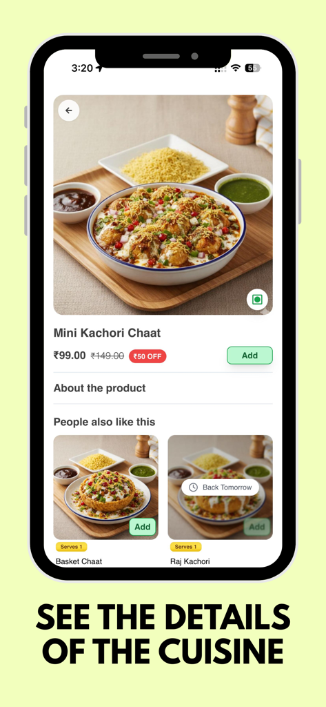 flick - Instant food delivery - Capture d'écran de l'application flick affichant les détails du produit et les prix de Mini Kachori Chaat.