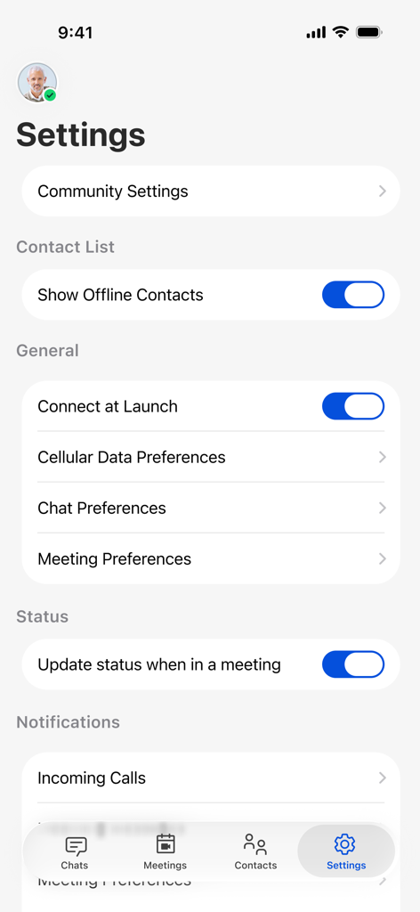 Interface de configurações do aplicativo móvel HCL Sametime exibindo opções para comunidade, lista de contatos, preferências gerais e atualizações de status.