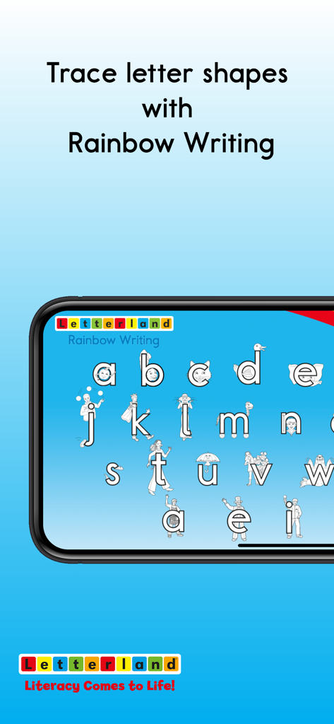 Menú del alfabeto en la aplicación Letterland Rainbow Writing que muestra personajes para el trazado de letras.