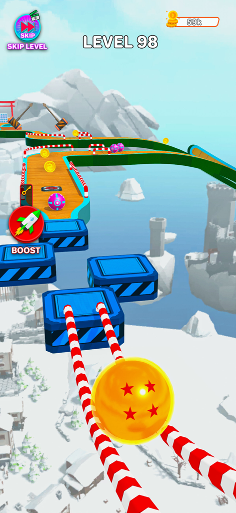 Sky Rolling : Going Balls - A yellow ball with red stars rolling on striped rails in a 3D winter landscape within the Sky Rolling Going Balls game.