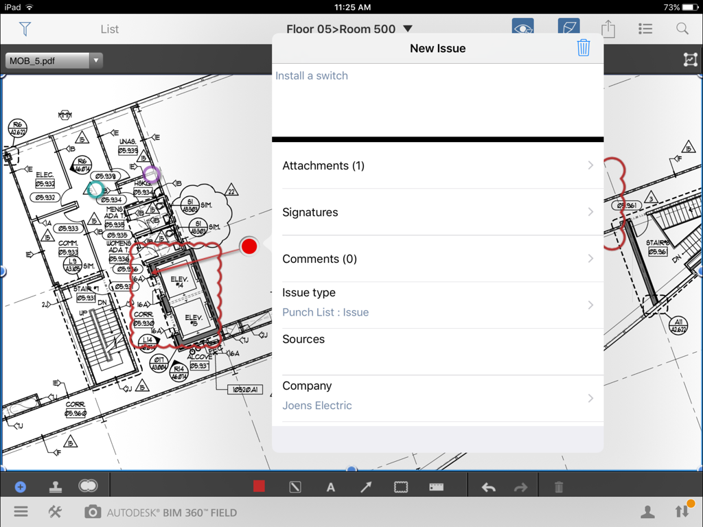 A construction floor plan with a new issue dialog box for punch list management in the BIM 360 Field app