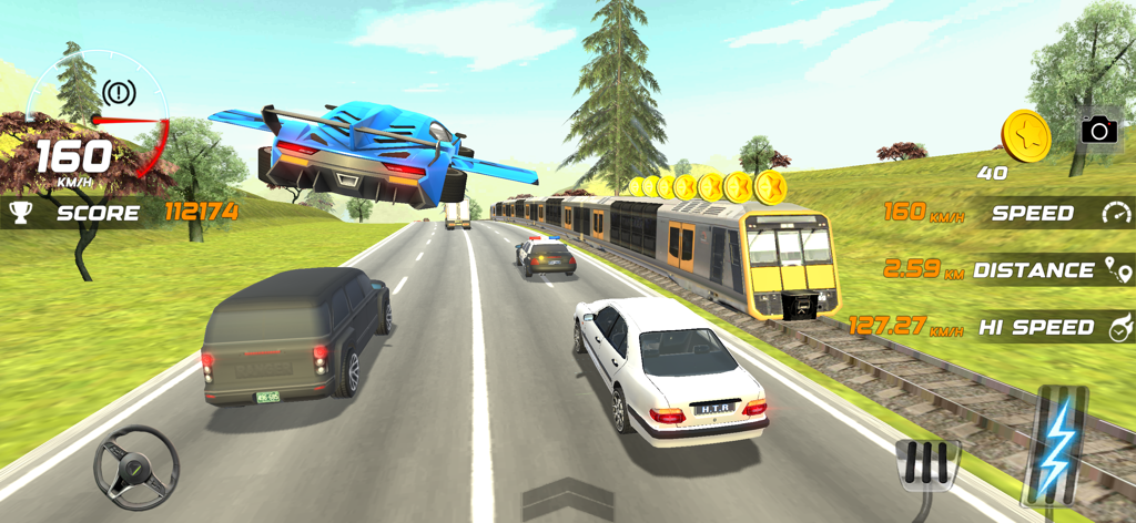 Highway Traffic Racer Car Ride - Arcade racing gameplay featuring a blue sports car jumping over traffic on a highway next to a train.