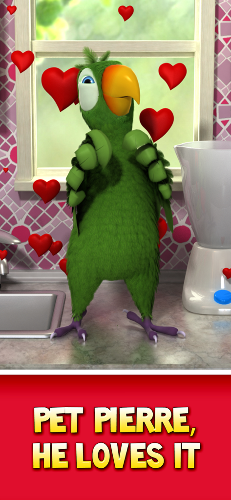 Talking Pierre the Parrot surrounded by red hearts in a kitchen with the text Pet Pierre He Loves It