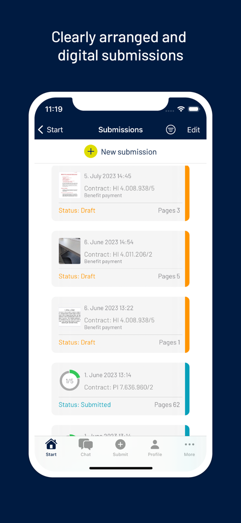 My INTER - Mobile app screen showing a list of digital insurance document submissions with status markers like draft and submitted.