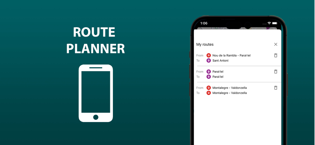 Aplicativo Mapa de transporte público de Barcelona mostrando o recurso de planejador de rotas com viagens salvas de metrô e ônibus