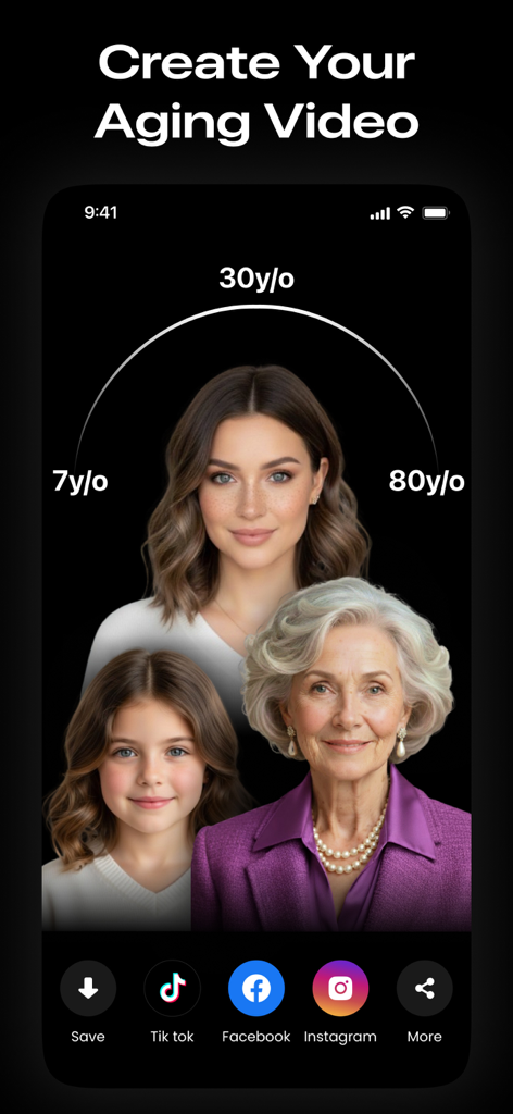 A mobile app interface displaying an AI aging filter that transforms a womans face from age 7 to 80