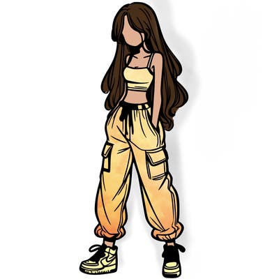 girl in baggy pants crop top and long hair