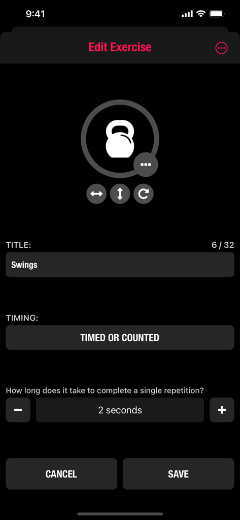 Streaks Workout - Interface for customizing exercise details like title and repetition timing within the Streaks Workout app.