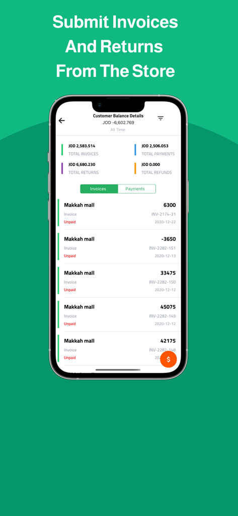 Repzo Pro - A mobile interface from Repzo Pro showing customer balance details and a list of invoices for field sales professionals