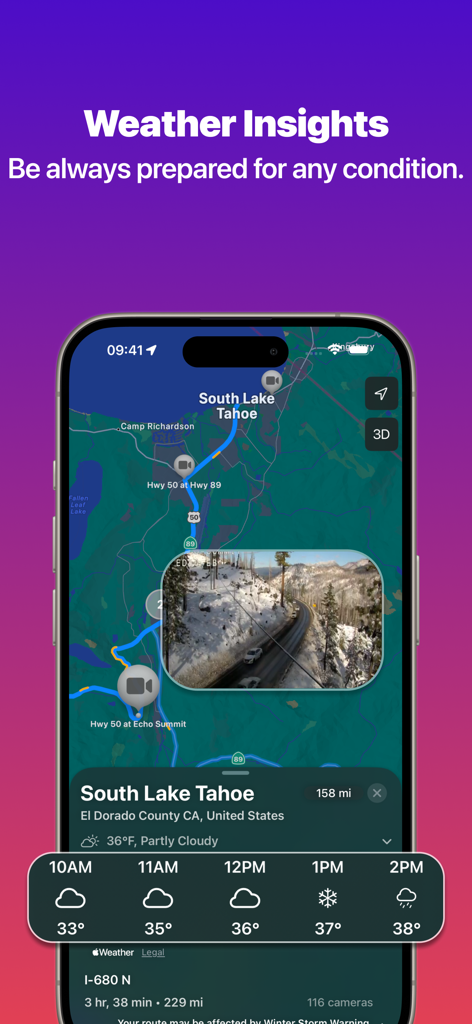 California Road Cameras - California Road Cameras app interface showing weather insights and live road conditions in South Lake Tahoe