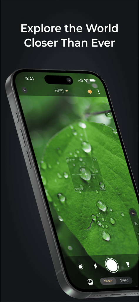 iPhone screen showing the X Zoom camera app capturing a close-up macro shot of a green leaf with water droplets