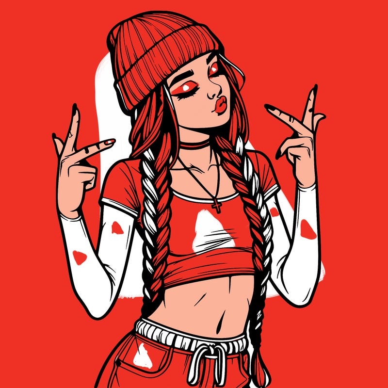 realistic teenage girl with braids and a beanie and crop top doing 🫶🏼