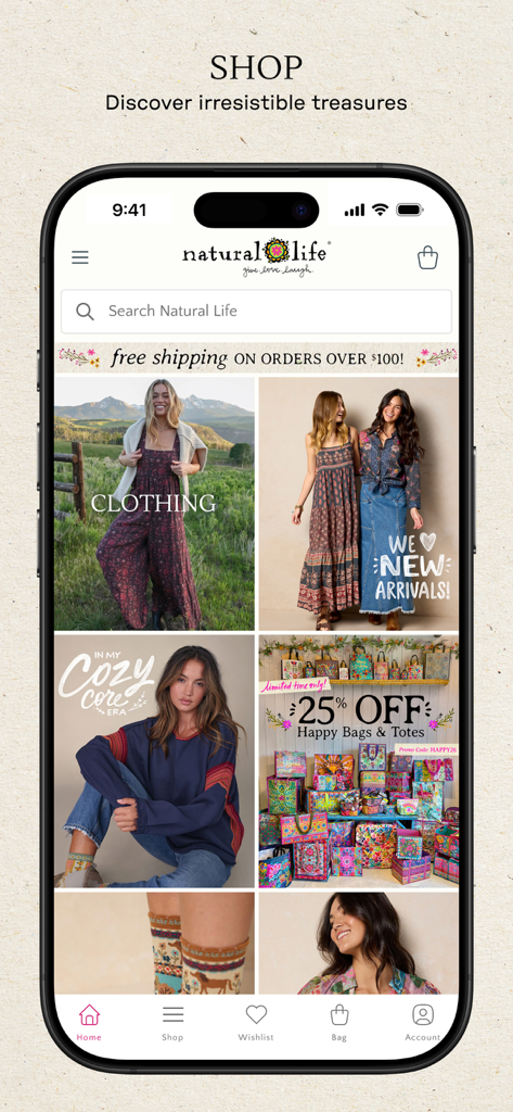 Écran d'accueil de l'application mobile Natural Life présentant des vêtements de style bohème et des sacs fourre-tout colorés