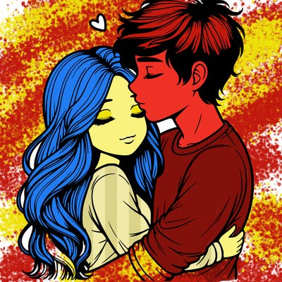 a realistic couple boy and girl hugging and kissing