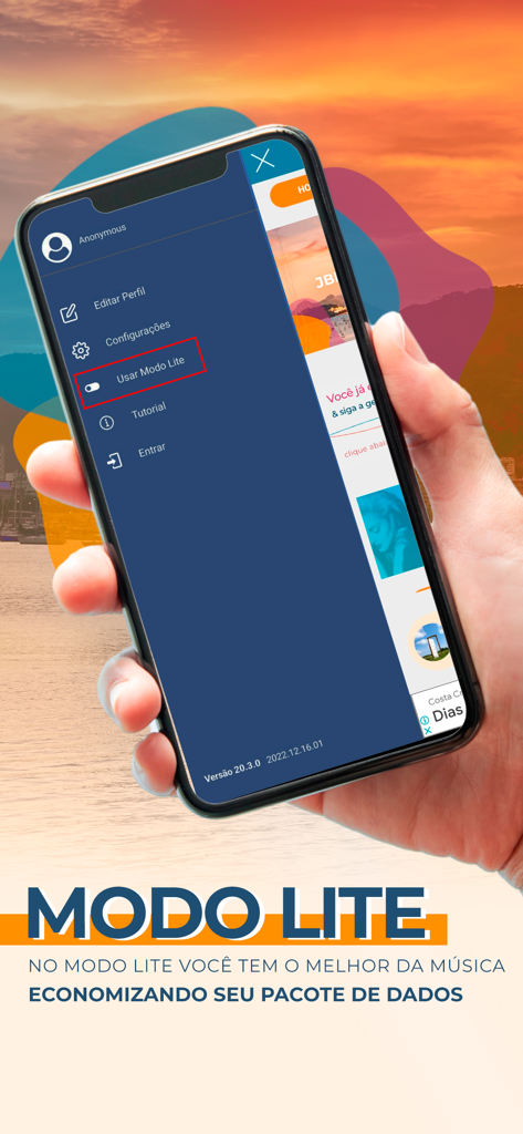 JB FM | 99.9 | RIO DE JANEIRO - JB FM radio app menu showing the Lite Mode setting for saving mobile data