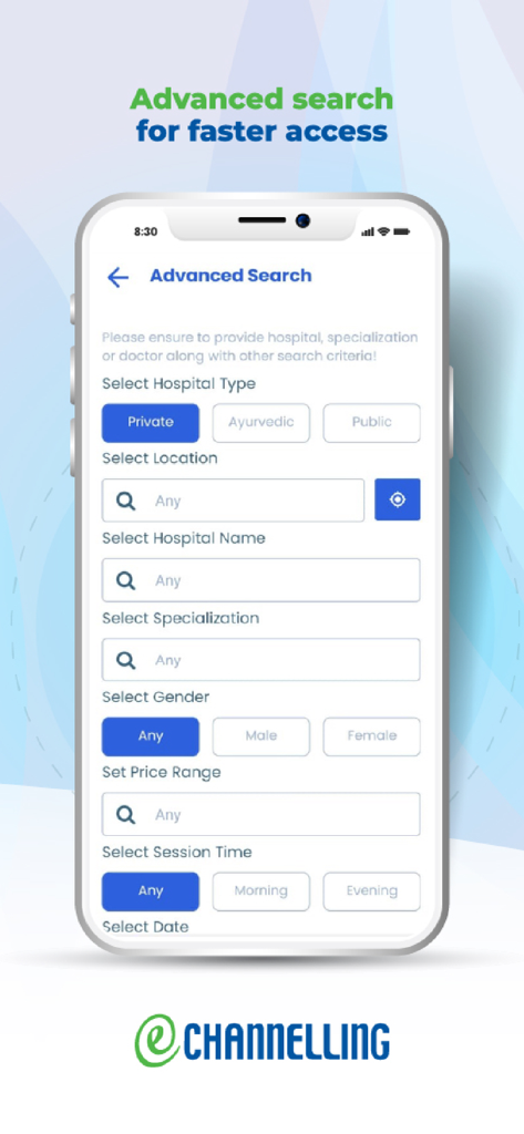 eChannelling - Mobile app interface showing advanced search options for hospitals and doctors in Sri Lanka