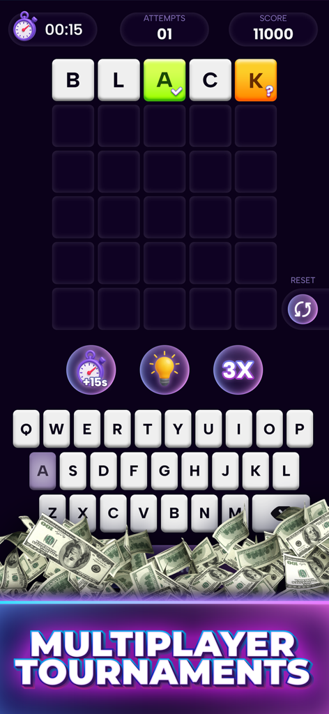 Guess the Word: Play For Cash - A word puzzle game interface featuring multiplayer tournaments and real cash rewards