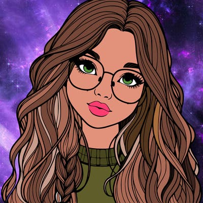 girl with long hair and freckles and glasses realistic