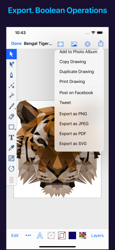 Artmator - Artmator App-Oberfläche, die eine Low-Poly-Tiger-Vektorillustration und ein geöffnetes Exportmenü mit SVG- und PDF-Optionen zeigt