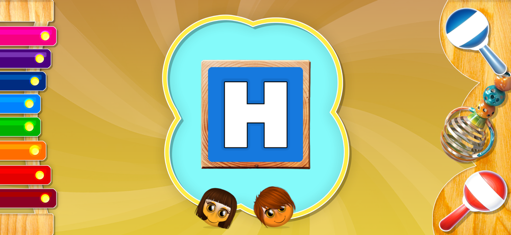 ABCs Song - Interface de l'application ABCs Song montrant la lettre H sur un bloc en bois avec des jouets musicaux pour les tout-petits