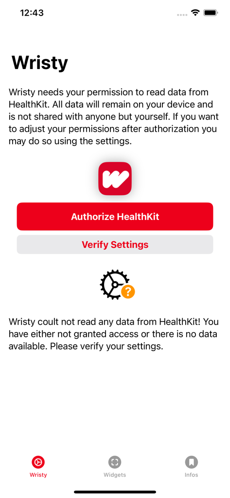 Wristy 앱 설정 화면, HealthKit 권한 및 데이터 개인 정보 보호 안내