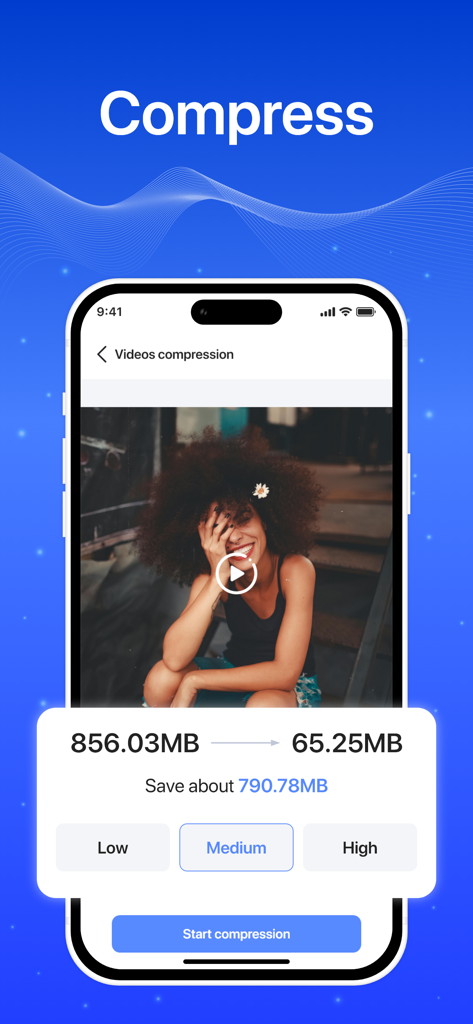 Cleanify: Purge Lite - Interface of Cleanify app showing video compression to save storage space