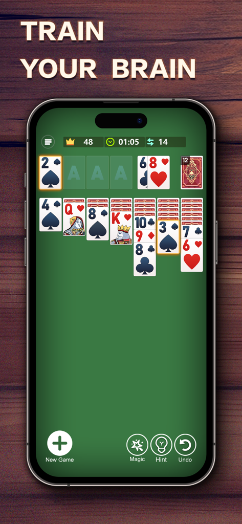 Solitaire Master card game screenshot showing brain training text