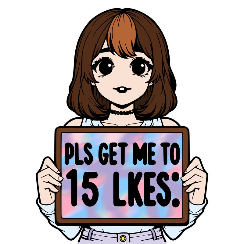 realistic girl holding up a sign that says “pls get me to 15 likes!”