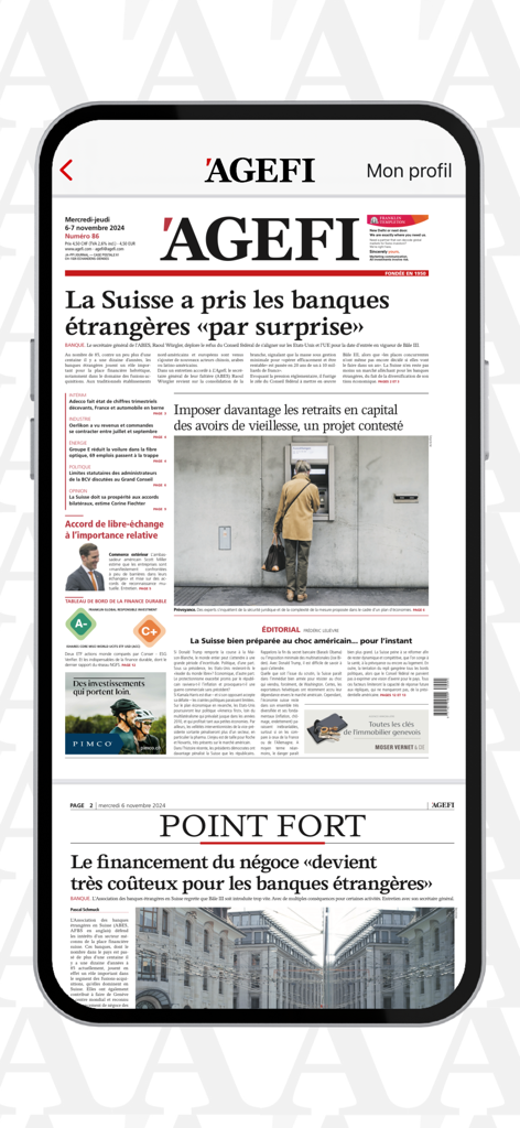 Consultation du journal numérique sur l'application mobile AGEFI Suisse, affichant les principaux titres financiers