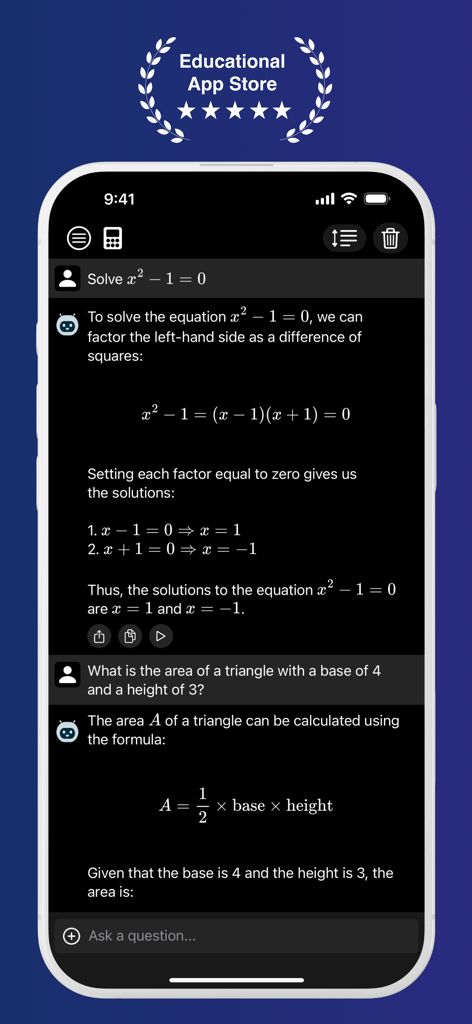 iCalc: Photo Math Calculator - iCalc app interface showing an AI math bot providing step by step solutions for algebraic equations and geometry problems.
