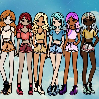a group of girls wearing crop tops and shorts