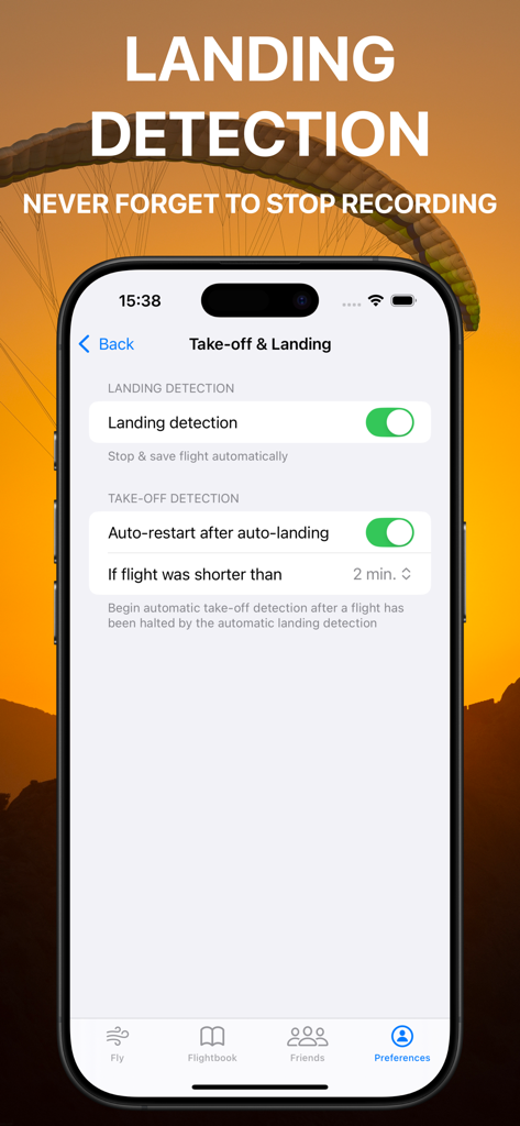 Schermata iPhone che mostra le impostazioni di rilevamento atterraggio e decollo automatico nell'app di parapendio Wingman