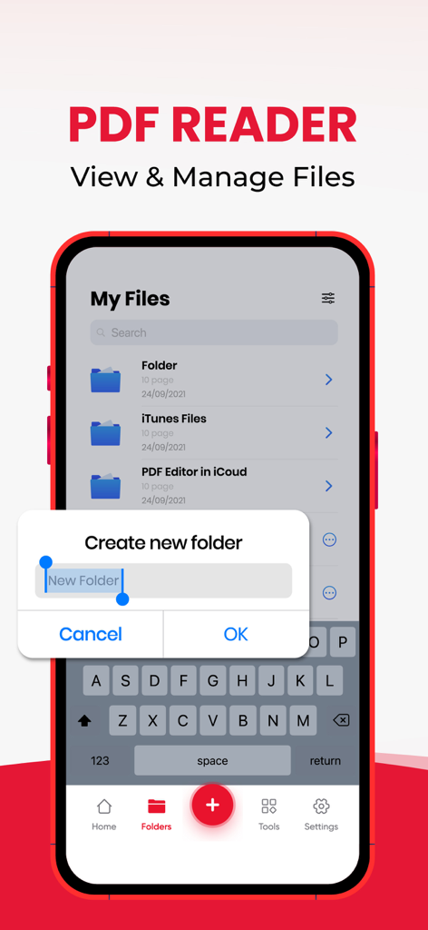 Swift PDF Editor: Scan & Sign - Swift PDF Editor app interface showing file management and create new folder dialog