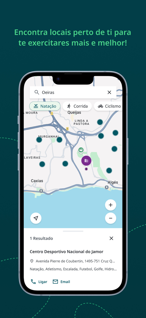 Apptiva - Apptiva mobile app showing a map with nearby sports and wellness locations including swimming and running tracks
