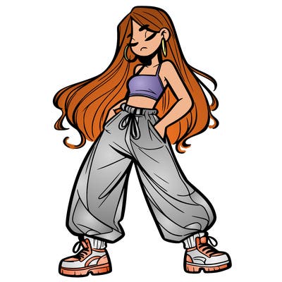 girl in baggy pants crop top and long hair